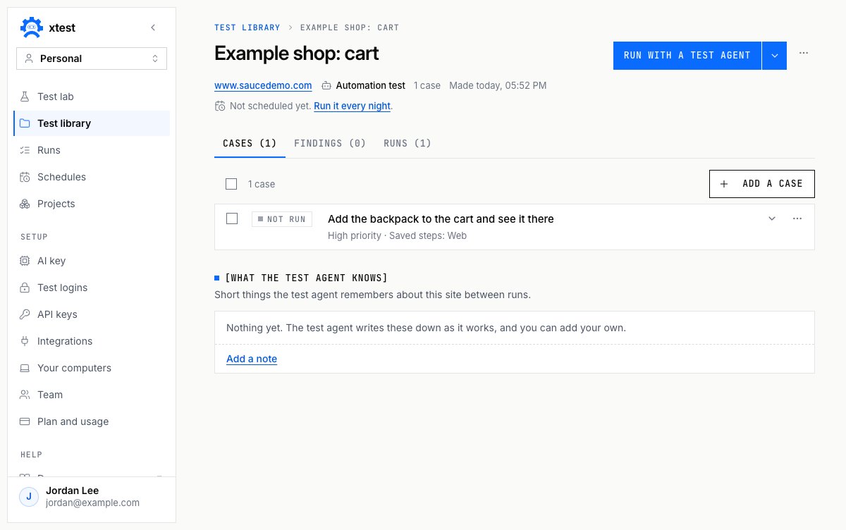 A test in Test Library with a Run with a test agent button and one case whose steps are saved for the web.