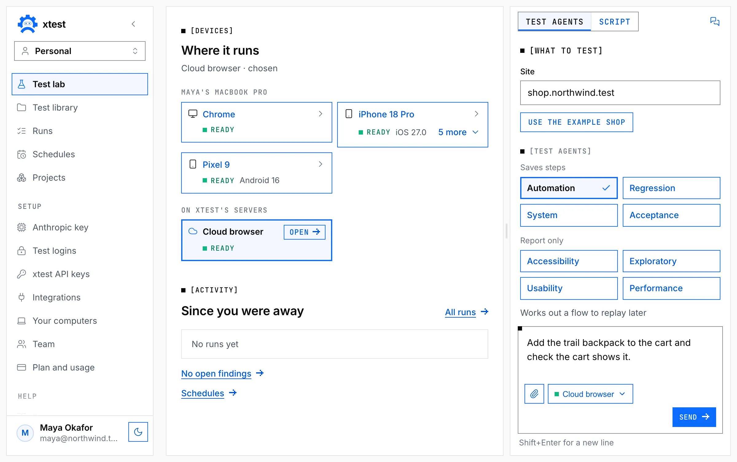 Test Lab before a run, with the Cloud browser chosen, the Automation test agent selected and what to test written in the box.