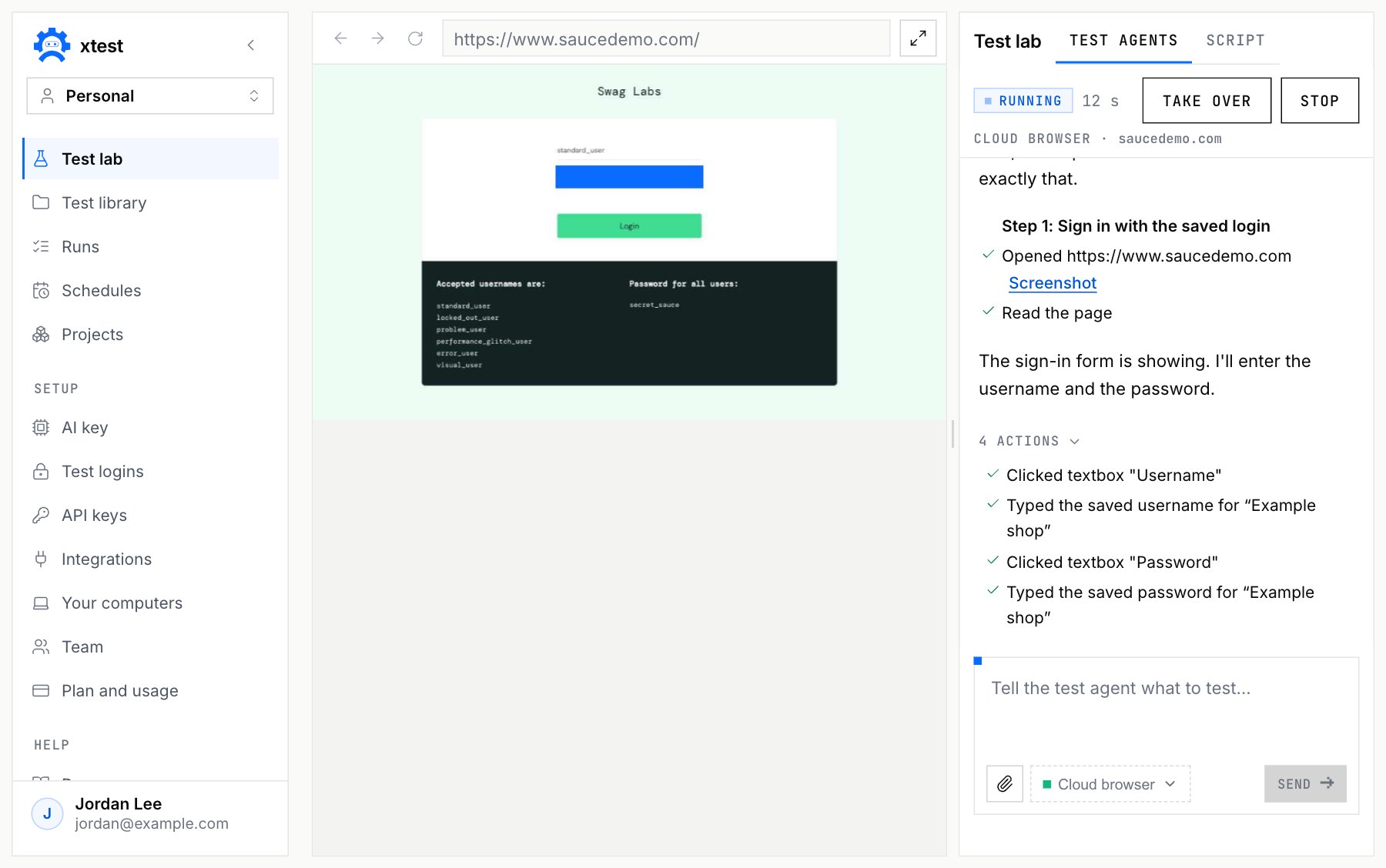 Test Lab during a run on the Cloud browser: the live page of a demo shop on the left, and on the right the test agent's panel, with Running, Take over and Stop at the top of the conversation and the actions the test agent took below them.