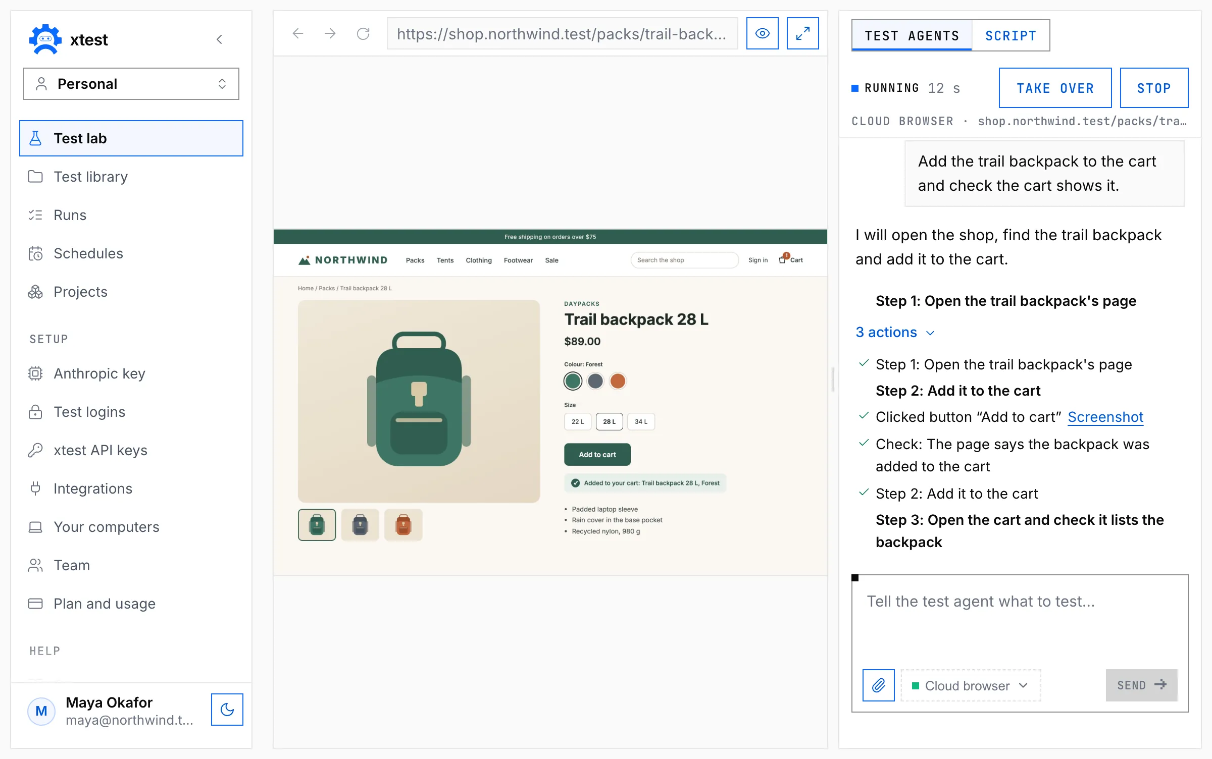 Test Lab during a run on the Cloud browser: the live page of a demo shop on the left, and on the right the test agent's panel, with Running, Take over and Stop at the top of the conversation and the actions the test agent took below them.